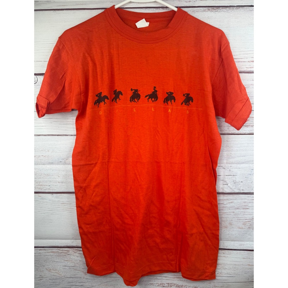 Vintage Dallas‎ Texas Bronco Rider Graphic T-Shirt Orange Cotton Mens Medium